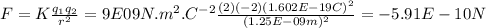 F = K \frac{q_{1}q_{2}}{r^{2}} = 9E09 N.m^{2}.C^{-2} \frac{(2)(-2)(1.602E-19 C)^{2}}{(1.25E-09 m)^{2}} = -5.91 E-10 N