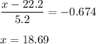 \displaystyle\frac{x - 22.2}{5.2} = -0.674\\\\x = 18.69