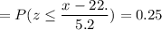 =P( z \leq \displaystyle\frac{x - 22.}{5.2})=0.25
