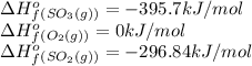 \Delta H^o_f_{(SO_3(g))}=-395.7kJ/mol\\\Delta H^o_f_{(O_2(g))}=0kJ/mol\\\Delta H^o_f_{(SO_2(g))}=-296.84kJ/mol