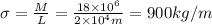 \sigma = \frac{M}{L} = \frac{18 \times 10^6}{2\times 10^4 m} = 900 kg/m