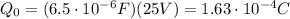 Q_0=(6.5\cdot 10^{-6} F)(25 V)=1.63\cdot 10^{-4} C