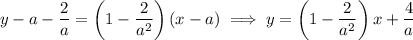 y-a-\dfrac2a=\left(1-\dfrac2{a^2}\right)(x-a)\implies y=\left(1-\dfrac2{a^2}\right)x+\dfrac4a