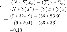 \begin{aligned}a &=\frac{\left(N * \sum x y\right)-\left(\sum x * \Sigma y\right)}{\left(N * \sum x^{2}\right)-\left(\sum x * \sum x\right)} \\&=\frac{(9 * 324.9)-(36 * 83.9)}{(9 * 204)-(36 * 36)} \\&=-0.18\end{aligned}