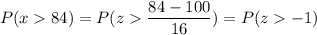 P( x  84) = P( z  \displaystyle\frac{84 - 100}{16}) = P(z  -1)