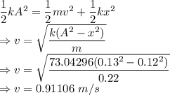 \dfrac{1}{2}kA^2=\dfrac{1}{2}mv^2+\dfrac{1}{2}kx^2\\\Rightarrow v=\sqrt{\dfrac{k(A^2-x^2)}{m}}\\\Rightarrow v=\sqrt{\dfrac{73.04296(0.13^2-0.12^2)}{0.22}}\\\Rightarrow v=0.91106\ m/s