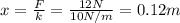 x=\frac {F}{k}=\frac {12 N}{10 N/m}=0.12 m