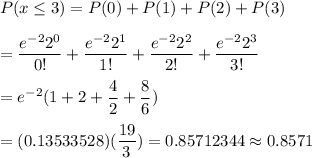 P(x\leq3)=P(0)+P(1)+P(2)+P(3)\\\\=\dfrac{e^{-2}2^0}{0!}+\dfrac{e^{-2}2^1}{1!}+\dfrac{e^{-2}2^2}{2!}+\dfrac{e^{-2}2^3}{3!}\\\\=e^{-2}(1+2+\dfrac{4}{2}+\dfrac{8}{6})\\\\=(0.13533528)(\dfrac{19}{3})=0.85712344\approx0.8571