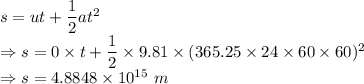 s=ut+\dfrac{1}{2}at^2\\\Rightarrow s=0\times t+\dfrac{1}{2}\times 9.81\times (365.25\times 24\times 60\times 60)^2\\\Rightarrow s=4.8848\times 10^{15}\ m