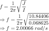 f=\dfrac{1}{2\pi}\sqrt{\dfrac{J}{I}}\\\Rightarrow f=\dfrac{1}{2\pi}\sqrt{\dfrac{10.84406}{0.068625}}\\\Rightarrow f=2.00066\ rad/s