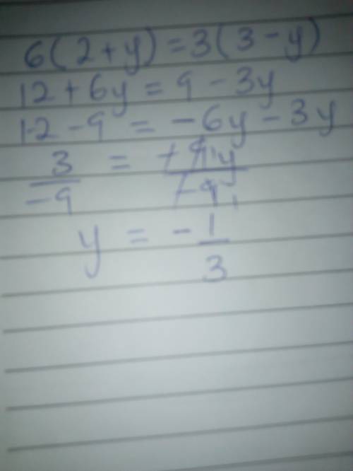 6(2+y)=3(3−y) y =  (type your answer as a number, no solution or infinite solutions)