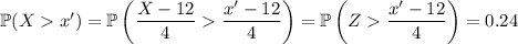 \mathbb P(Xx')=\mathbb P\left(\dfrac{X-12}4\dfrac{x'-12}4\right)=\mathbb P\left(Z\dfrac{x'-12}4\right)=0.24