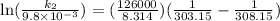 \ln(\frac{k_{2} }{9.8 \times 10^{-3}}) = (\frac{126 000 }{8.314})(\frac{ 1}{303.15} - \frac{1 }{308.15 })