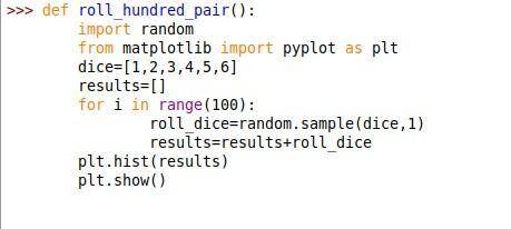 Define a function roll_hundred_pair() that produces a histogram of the results of 100 rolls of two 6