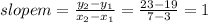 slope m =\frac{y_2-y_1}{x_2-x_1} =\frac{23-19}{7-3} =1