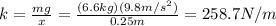 k=\frac{mg}{x}=\frac{(6.6 kg)(9.8 m/s^2)}{0.25 m}=258.7 N/m