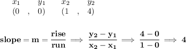\bf \begin{array}{lllll}&#10;&x_1&y_1&x_2&y_2\\&#10;%   (a,b)&#10;&({{ 0}}\quad ,&{{ 0}})\quad &#10;%   (c,d)&#10;&({{ 1}}\quad ,&{{ 4}})&#10;\end{array}&#10;\\\\\\&#10;% slope  = m&#10;slope = {{ m}}= \cfrac{rise}{run} \implies &#10;\cfrac{{{ y_2}}-{{ y_1}}}{{{ x_2}}-{{ x_1}}}\implies \cfrac{4-0}{1-0}\implies 4