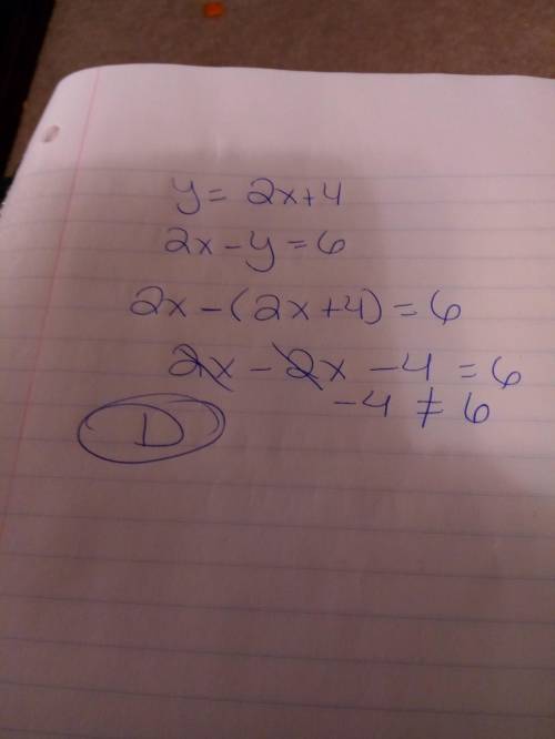 Y= 2x + 4 2x - y = 6 solve the system of equations using substitution. a) (2, 8) b) (2, -8) c) (10,