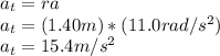 a_{t}=ra\\a_{t}=(1.40m)*(11.0rad/s^{2} )\\a_{t}=15.4 m/s^{2}