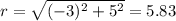 r=\sqrt{(-3)^2+5^2}=5.83