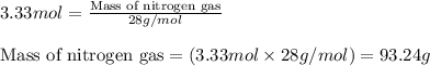 3.33mol=\frac{\text{Mass of nitrogen gas}}{28g/mol}\\\\\text{Mass of nitrogen gas}=(3.33mol\times 28g/mol)=93.24g