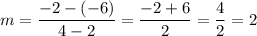 m=\dfrac{-2-(-6)}{4-2}=\dfrac{-2+6}{2}=\dfrac{4}{2}=2