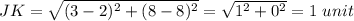 JK=\sqrt{(3-2)^2+(8-8)^2}=\sqrt{1^2+0^2}=1\ unit