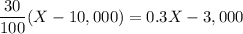 \displaystyle \frac{30}{100}(X-10,000)=0.3X-3,000