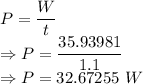 P=\dfrac{W}{t}\\\Rightarrow P=\dfrac{35.93981}{1.1}\\\Rightarrow P=32.67255\ W