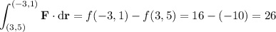 \displaystyle\int_{(3,5)}^{(-3,1)}\mathbf F\cdot\mathrm d\mathbf r=f(-3,1)-f(3,5)=16-(-10)=26