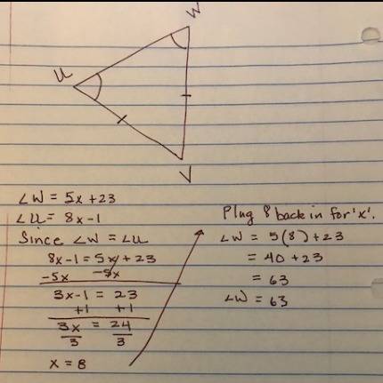 Ill mark  if line vw is congruent to line vu, find the measure of angle w