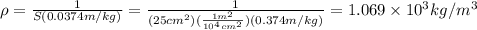 \rho=\frac{1}{S(0.0374m/kg)}=\frac{1}{(25cm^2)(\frac{1m^2}{10^4cm^2})(0.374m/kg)}=1.069\times 10^3 kg/m^3