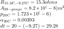 R_{15.3 F , -9.27 C} = 15.3 ohms\\A_{28-gauge} = 8.2*10^(-8) m^2\\p_{20 C} = 1.723*10^(-6)\\\alpha _{20C} = 0.00393\\ dt = 20 - (-9.27) = 29.28