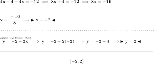 \bf 4x+4+4x=-12\implies 8x+4=-12\implies 8x=-16 \\\\\\ x=\cfrac{-16}{8}\implies \blacktriangleright x=-2 \blacktriangleleft \\\\[-0.35em] ~\dotfill\\\\ \stackrel{\textit{since we know that}}{y=-2-2x}\implies y=-2-2(-2)\implies y=-2+4\implies \blacktriangleright y=2 \blacktriangleleft \\\\[-0.35em] \rule{34em}{0.25pt}\\\\ ~\hfill (-2,2)~\hfill