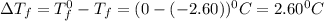 \Delta T_f=T_f^0-T_f=(0-(-2.60))^0C=2.60^0C