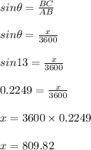 sin \theta = \frac{BC}{AB}\\\\sin \theta = \frac{x}{3600}\\\\sin 13 = \frac{x}{3600}\\\\0.2249 = \frac{x}{3600}\\\\x = 3600 \times 0.2249\\\\x = 809.82