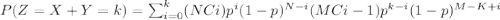 P(Z = X+Y = k) = \sum_{i=0}^k (NCi) p^i (1-p)^{N-i} (M C i-1) p^{k-i} (1-p)^{M-K+i}
