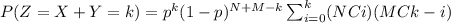 P(Z = X+Y = k) = p^k (1-p)^{N+M-k} \sum_{i=0}^k (NCi)(M C k-i)