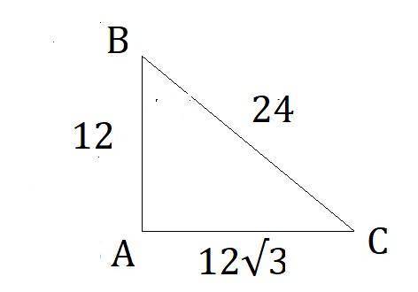Triangle a b c is shown. the length of a b is 12, the length of b c is 24, and the length of c a is