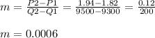 m= \frac{P2-P1}{Q2-Q1} =  \frac{1.94-1.82}{9500-9300}=  \frac{0.12}{200} \\\\m = 0.0006