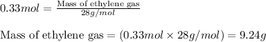 0.33mol=\frac{\text{Mass of ethylene gas}}{28g/mol}\\\\\text{Mass of ethylene gas}=(0.33mol\times 28g/mol)=9.24g