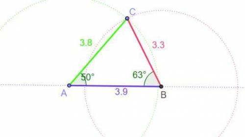 Draw triangle abc where:   ab has the length 3.9cm (this is drawn for you) angle cab is 50 and angle