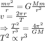 \frac{mv^2}{r}=G\frac{Mm}{r^2}\\v =\frac{2\pi r}{T}\\ \Rightarrow \frac{T^2}{r^3}=\frac{4\pi^2}{GM}\\ T^2\propto r^3