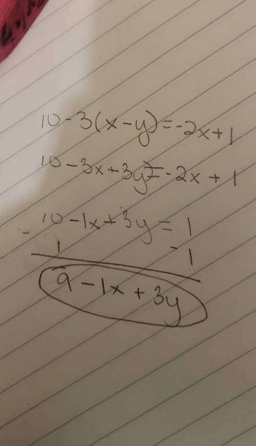 Only answer if you actually want to  me  write in standard form:  10 - 3(x – y) = -2x + 1