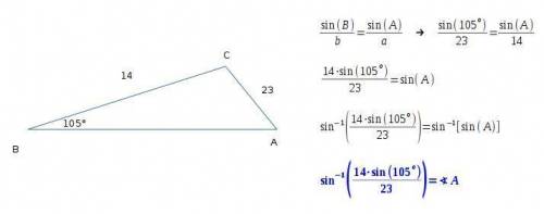 Using the law of sines, in triangle abc, if measurement of angle b = 105°, b = 23, a = 14, find meas