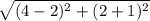 \sqrt{(4-2)^{2}+(2+1)^{2}}
