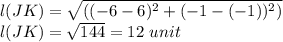 l(JK) = \sqrt{((-6-6)^{2}+(-1-(-1))^{2} )}\\l(JK)=\sqrt{144}=12\ unit