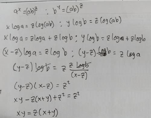 If a^x=b^y=(ab)^z prove that xy=z(x+y)