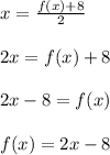 x=\frac{f(x)+8}{2}\\\\2x=f(x)+8\\\\2x-8=f(x)\\\\f(x)=2x-8