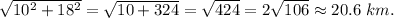 \sqrt{10^2+18^2}=\sqrt{10+324}=\sqrt{424}=2\sqrt{106}\approx20.6\ km.